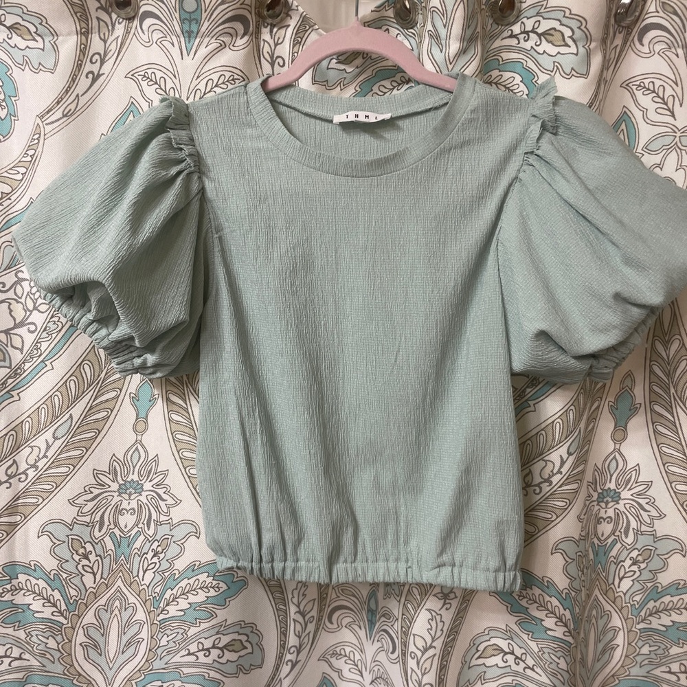 THML Green Puff Sleeve Blouse with Peter Pan Collar